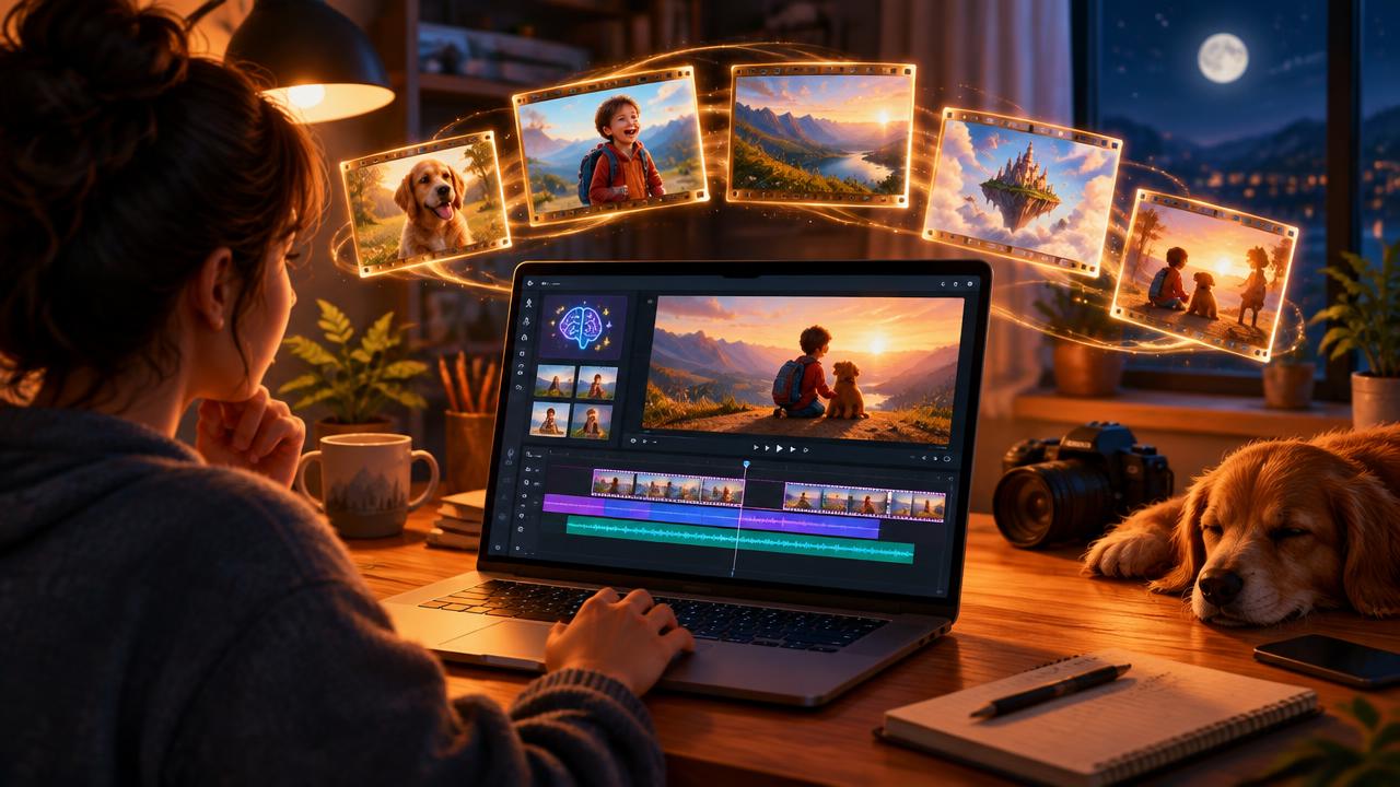 Creator editing an AI video on a laptop